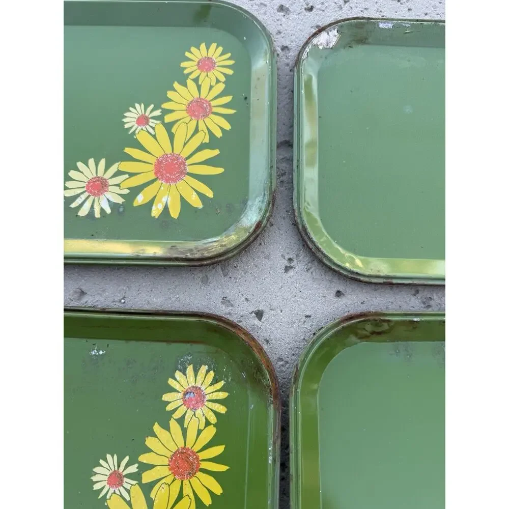 Set of 6 Vintage 60s Metal Tin Trays Avocado Green Daisy Floral Stacking Boho